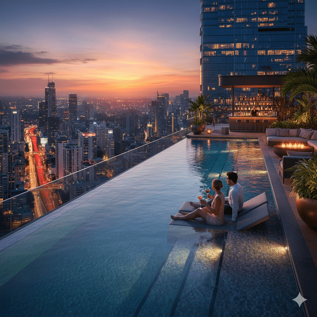 Rooftop infinity pool with city skyline view, part of the M3M Latitude 2.0 amenities in Sector 67