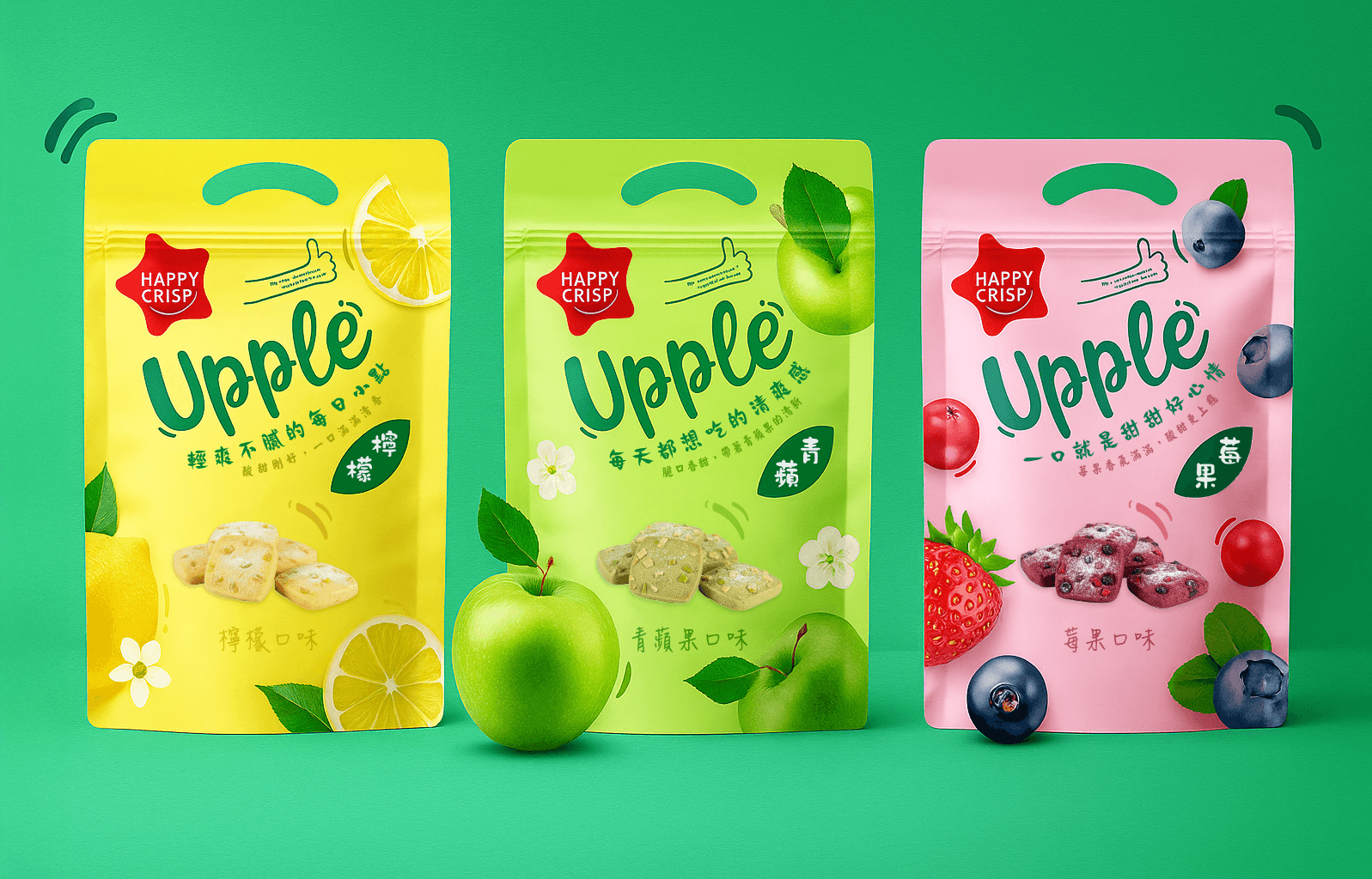Upplē 零食包裝設計｜多口味果乾軟袋包裝｜彩色系列食品包裝設計｜品牌視覺呈現