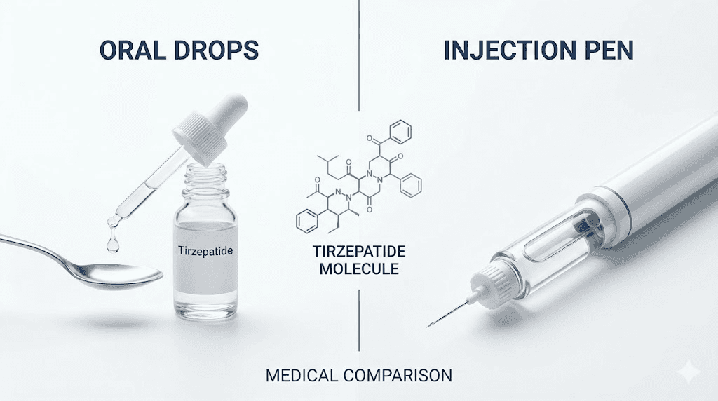 Tirzepatide oral drops versus injection delivery method comparison