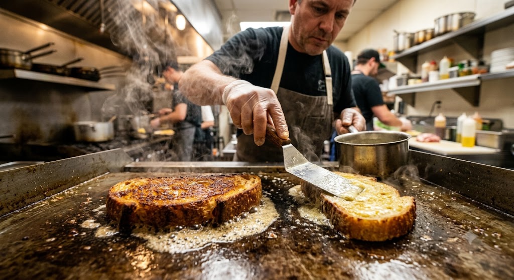 A focused male chef wears gloves and an apron, using a spatula to cook thick slices of golden, bubbling French toast on a large commercial kitchen flat-top griddle. Steam rises from the hot griddle surface.