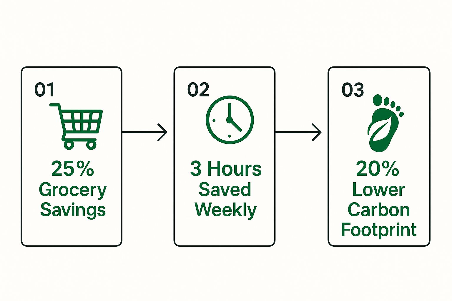 Infographic showing the benefits of a weekly vegetarian meal plan: 25% grocery savings, 3 hours saved weekly, and a 20% lower carbon footprint.