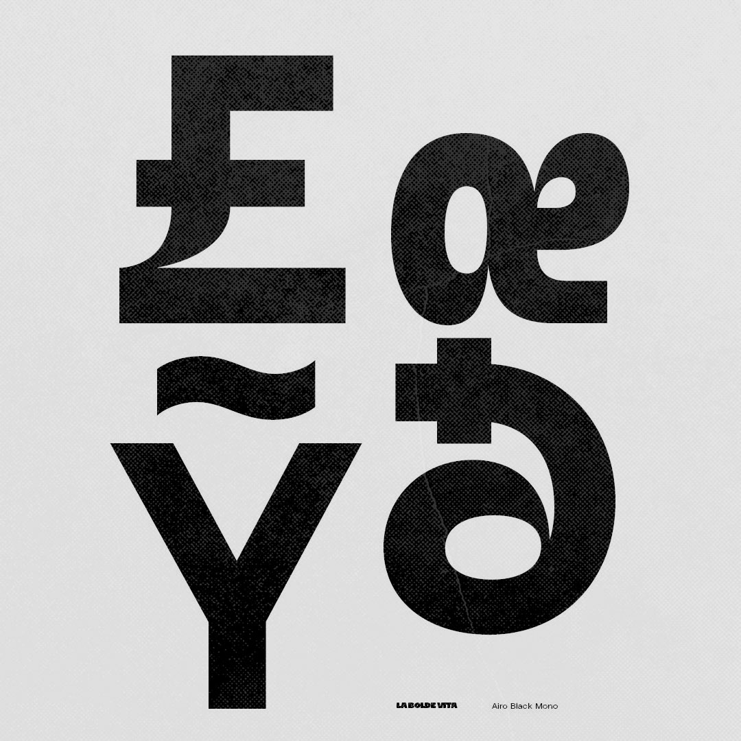 four big glyphs of airo black mono on textured grey background