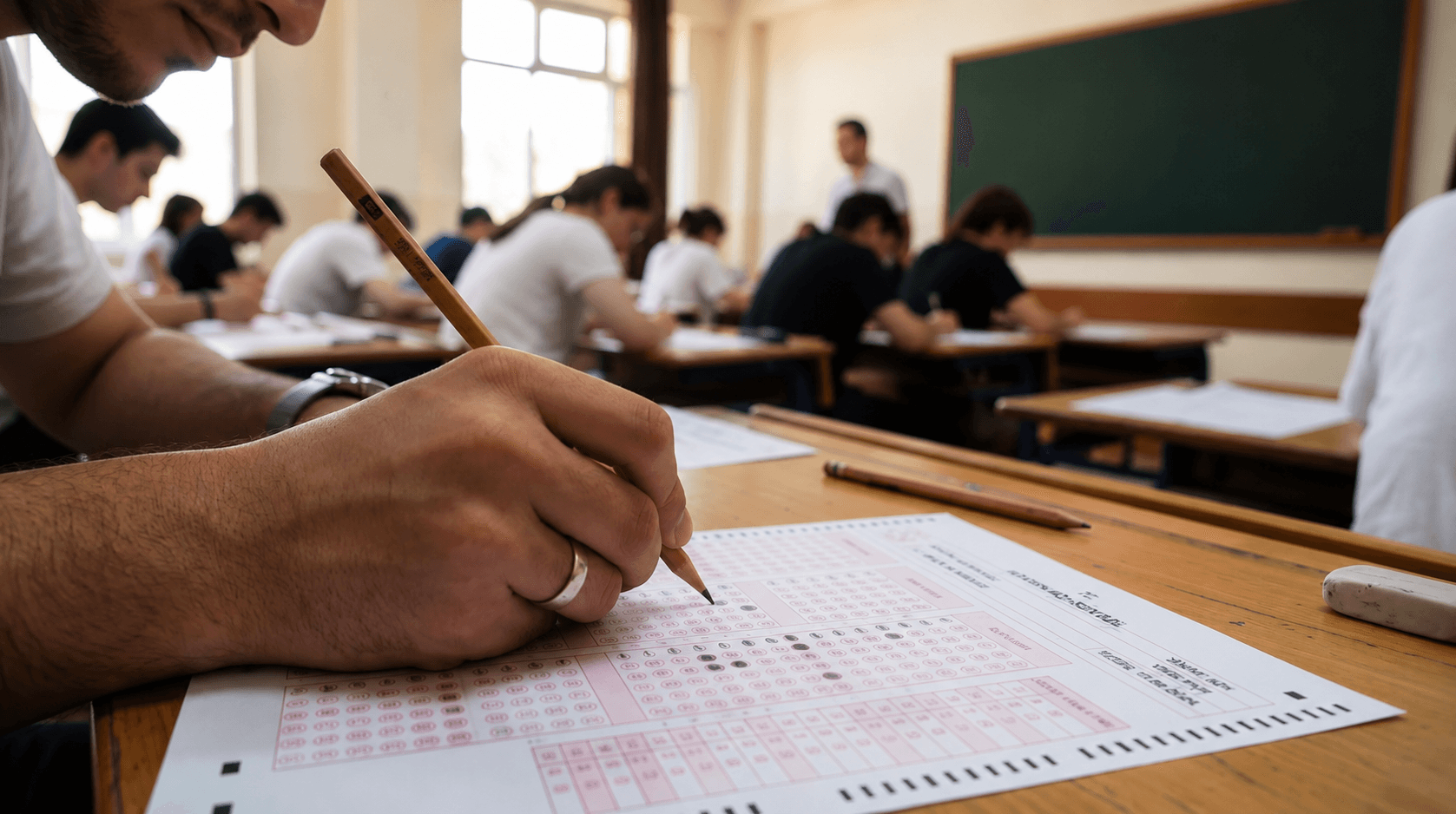 Bir sınav salonunda öğrenci optik cevap formunu kurşun kalemle doldururken, arka planda diğer öğrencilerin sınava odaklandığı ve sınıf ortamının hafif bulanık göründüğü gerçekçi bir sınav sahnesi.
