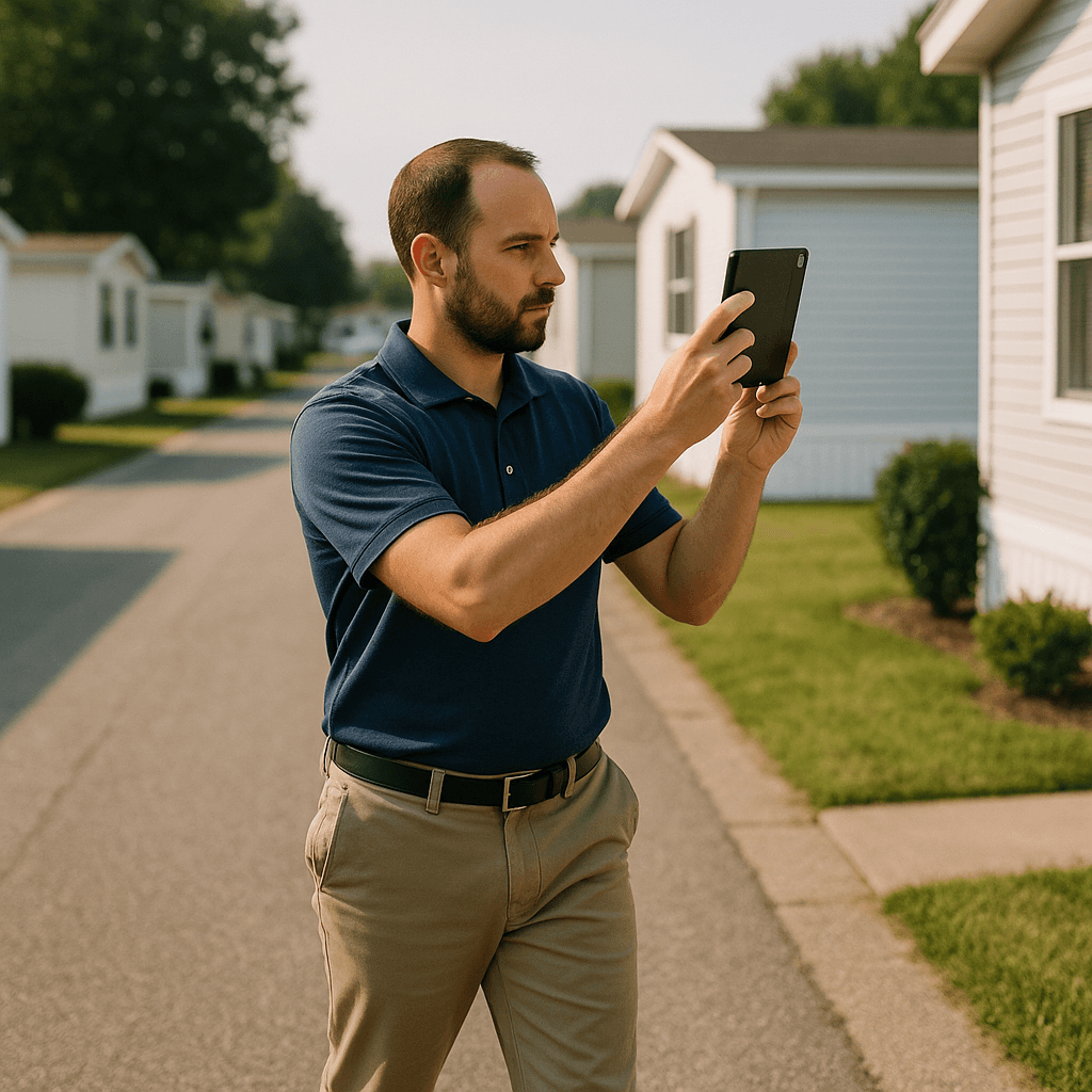 Property manager photographing a home lot on a tablet during a routine inspection in a manufactured-housing community