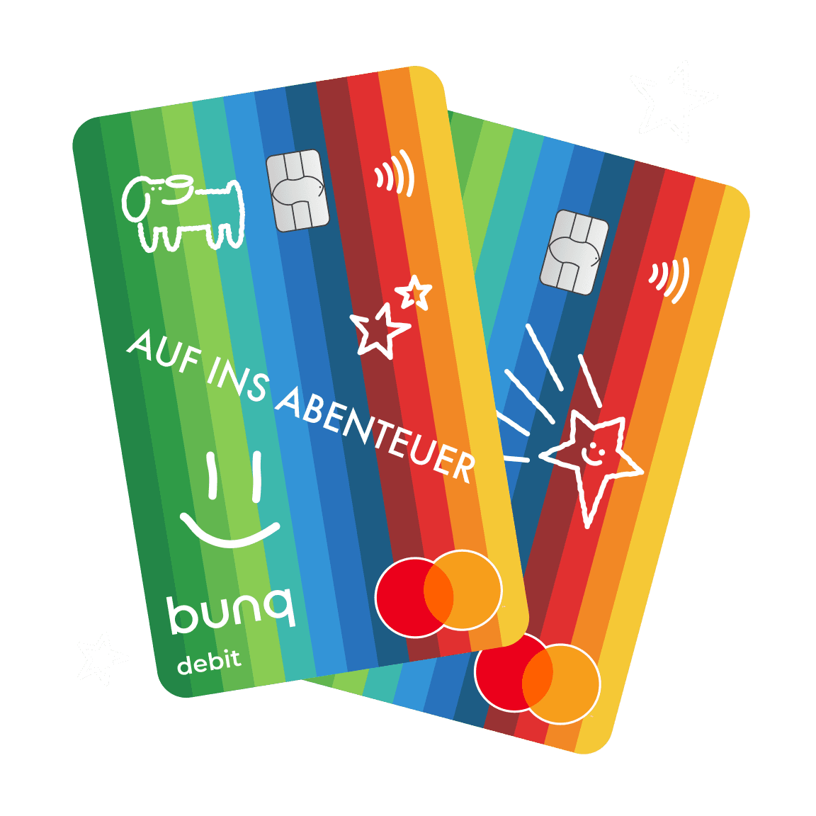 Zwei bunte Kreditkarten überlappen sich vor einem dunklen, kreisförmigen Hintergrund.