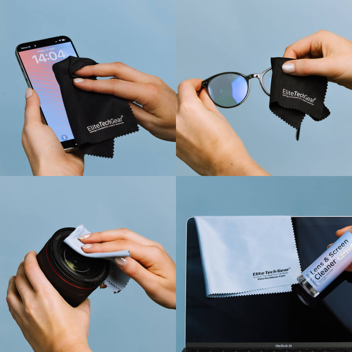 EliteTechGear Elite Tech Gear ETG eco-friendly cleaner, lens cloth, microfiber cloth, phone card holder, tech accessory, screen wipe, glasses cleaner, streak-free cloth, travel tech gear, sustainable cleaning