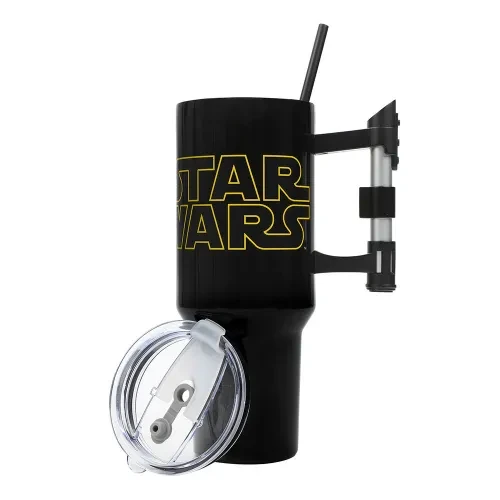 A Bioworld tumbler mug with the Star Wars logo in yellow and a lightsabder as a handle