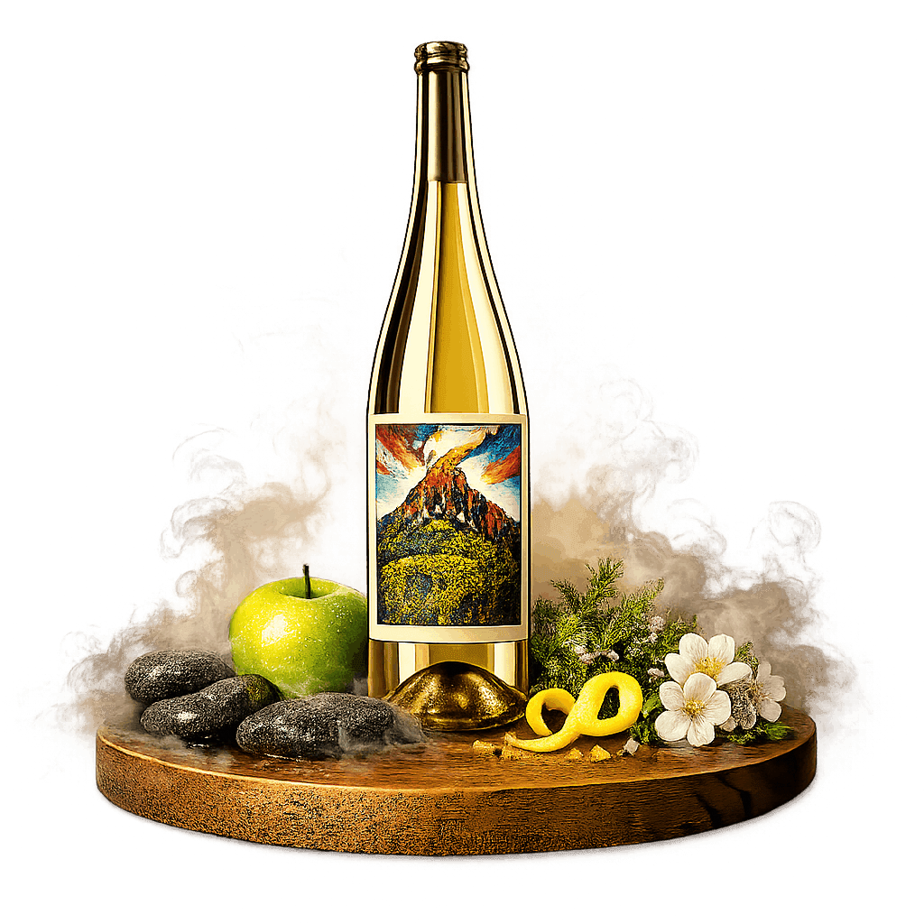 Artistic label and flavor profile for Hungarian Juhfark on a rustic wooden table.