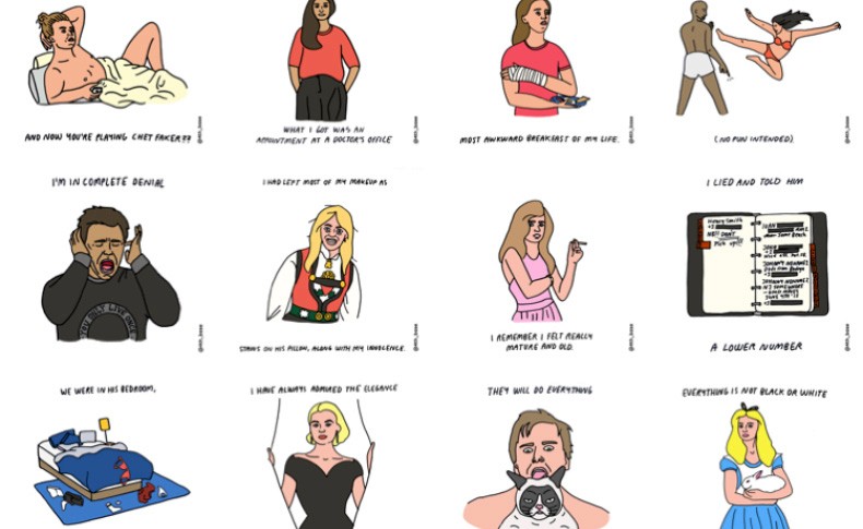 The image is a grid of twelve panels, each depicting a different scenario or character interaction. The characters are drawn in a cartoonish style with exaggerated features and expressions. The panels showcase a range of situations and interactions, including: a person lying on a bed, a woman explaining a medical condition, a man in a denial state, a woman revealing a makeup mistake, a man confessing to a lie, a woman reading a book, a man in a bedroom, a woman expressing admiration, an older man explaining technology, and a woman in Alice in Wonderland attire. Each panel is labeled with a text caption beneath it.