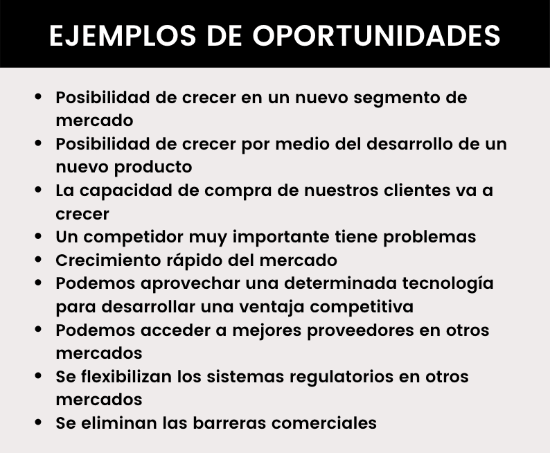 Ejemplos de oportunidades para el desarrollo del análisis externo DAFO