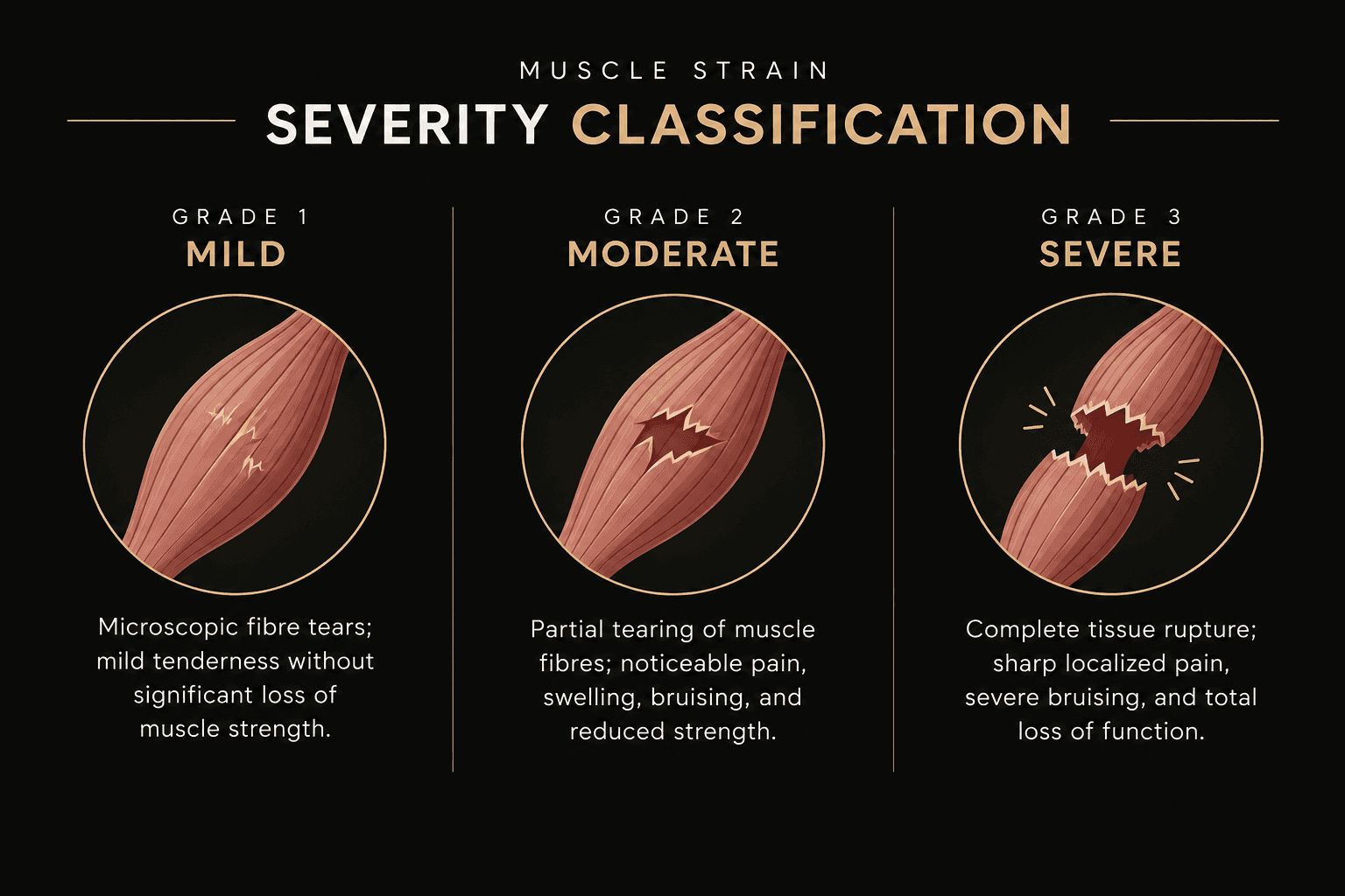 Infographic showing the classifications of muscle strain severity from mild, moderate, to severe.