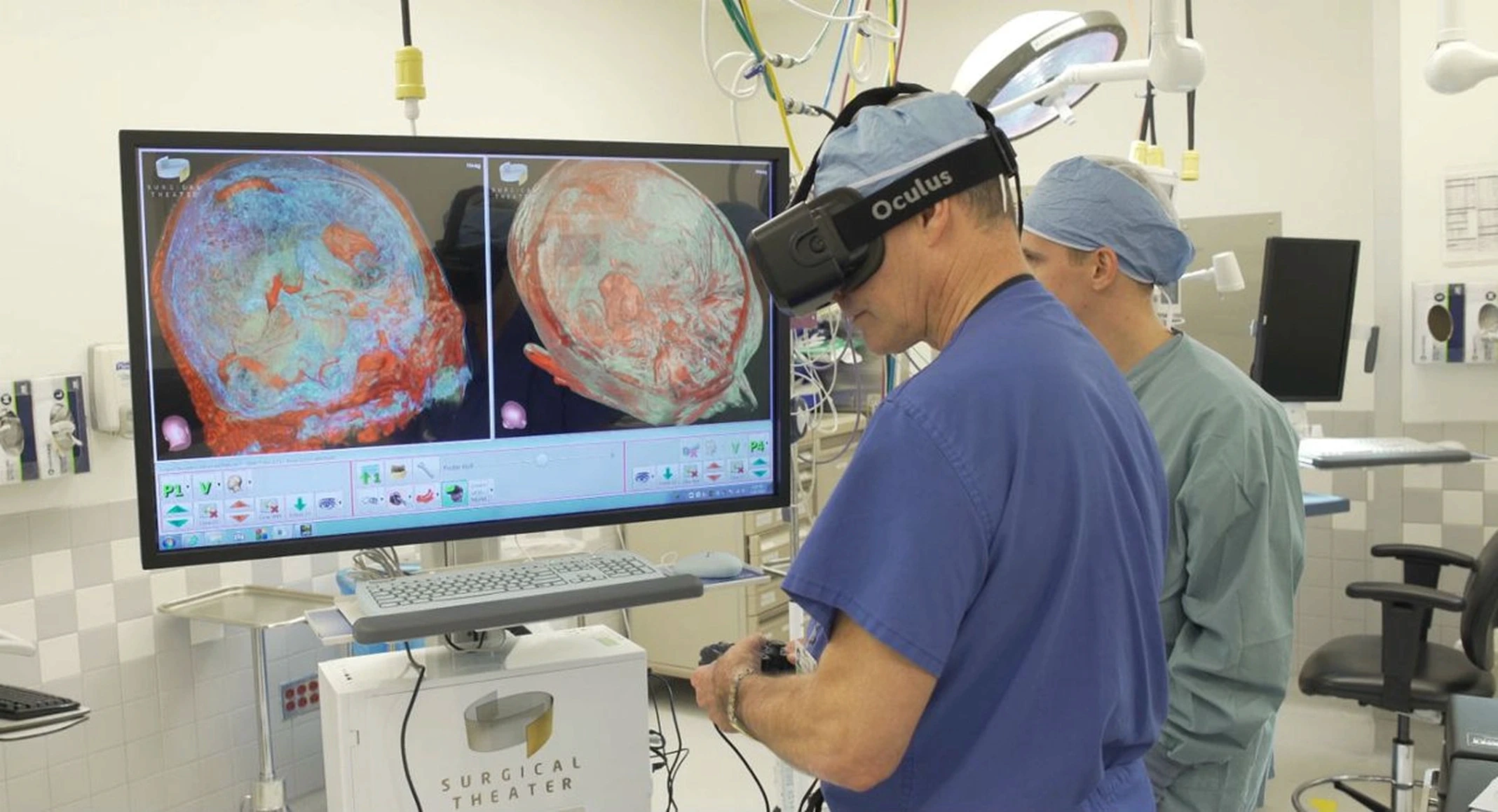 eurosurgeon wearing a VR headset reviewing a patient-specific 3D brain model on a Surgical Theater platform in a hospital operating room