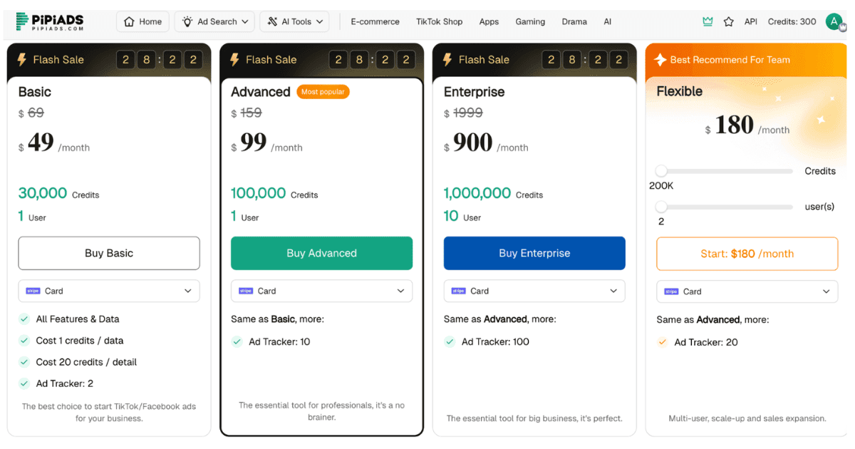 PipiAds pricing page with Basic, Advanced, Enterprise, and Flexible monthly plans and credit details