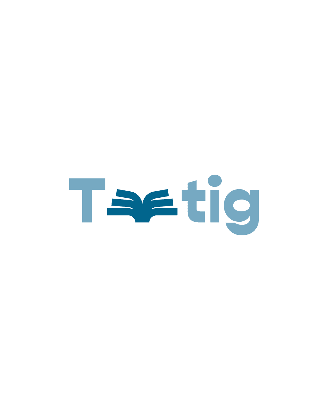 Tutig wordmark on a white background, with the letter U replaced by an open book logomark in steel blue