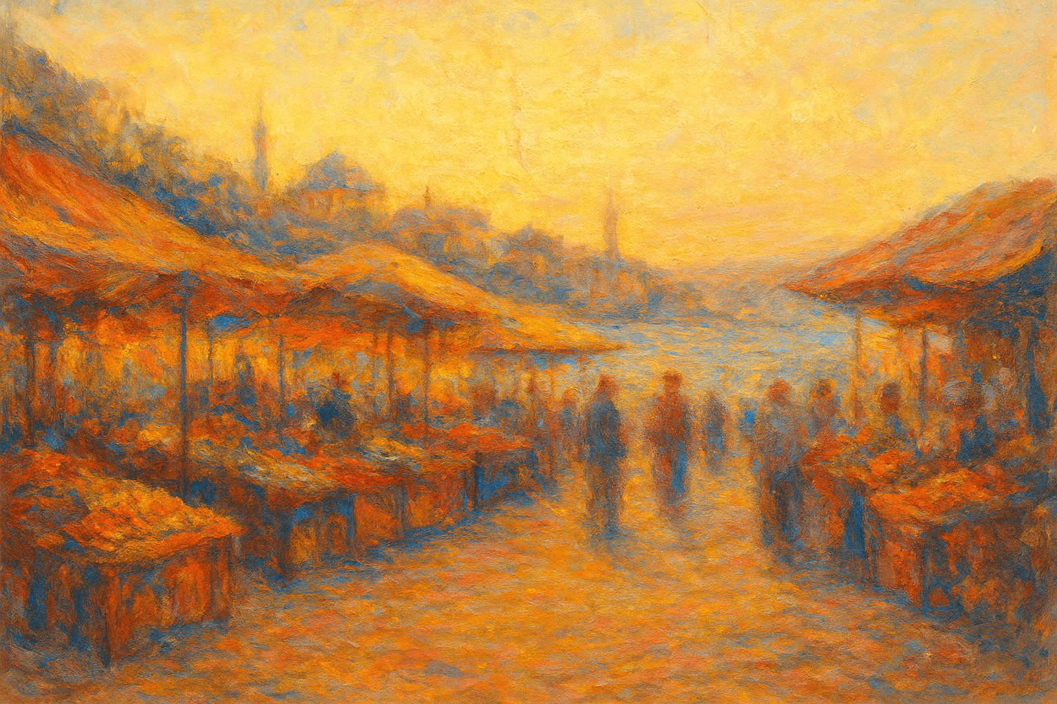 Impressionist market scene representing global e-commerce, digital trade, and merchant connection