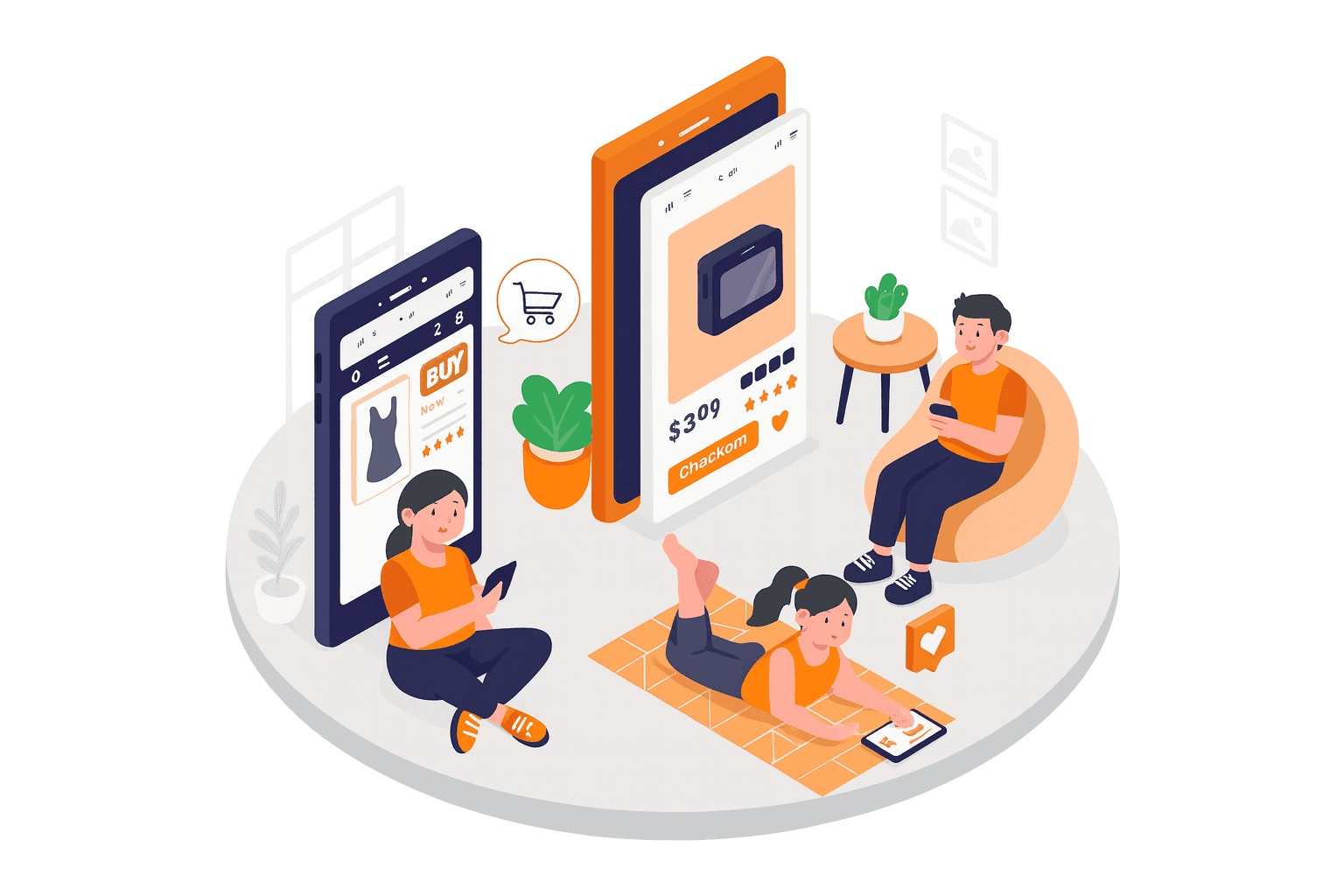 Illustration de personnes interagissant avec des appareils affichant des boutiques en ligne, symbolisant les Stores Amazon comme espaces personnalisés pour présenter des produits et offrir une expérience immersive aux clients.