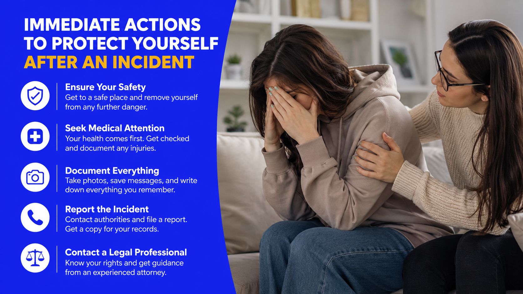 A woman comforts a crying friend while an infographic outlines immediate steps to take after an incident.