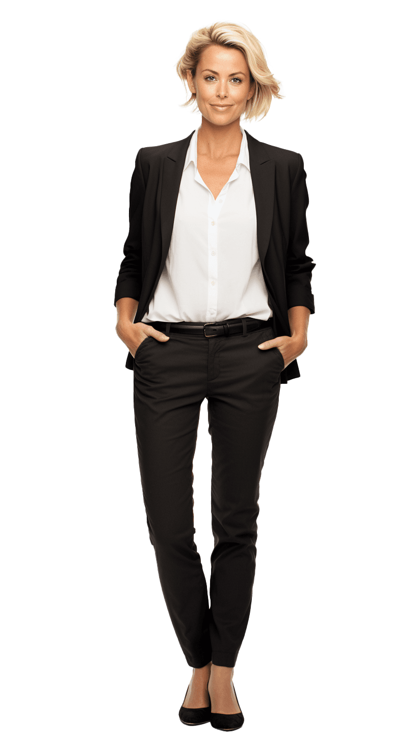 Full-length portrait of woman in black blazer and trousers standing with hands in pockets