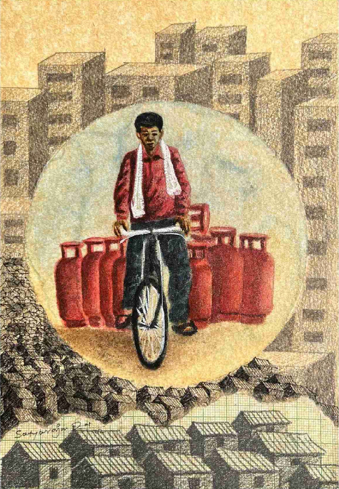 herd of sheep on road painting