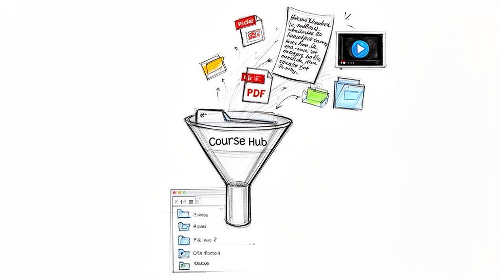 A 'Course Hub' funnel collects various digital study materials like PDFs, videos, and documents, organizing them efficiently.