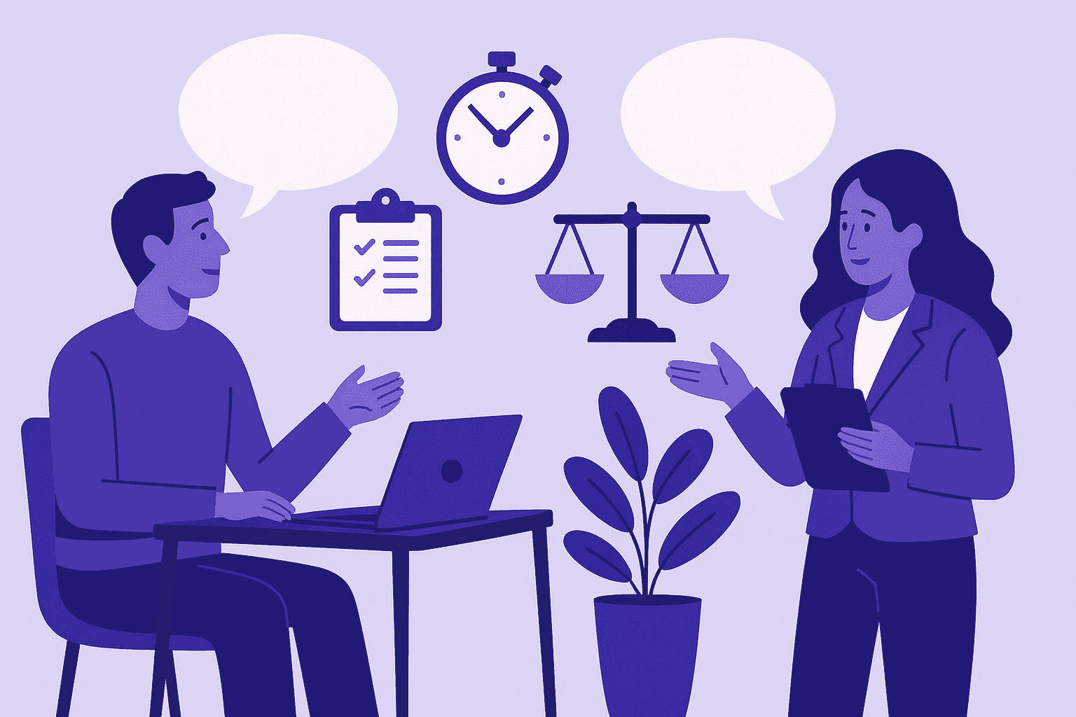 Flat-style illustration of two professionals collaborating in a balanced workspace, symbolizing harmony between time tracking, autonomy, and teamwork in a trust-based environment.