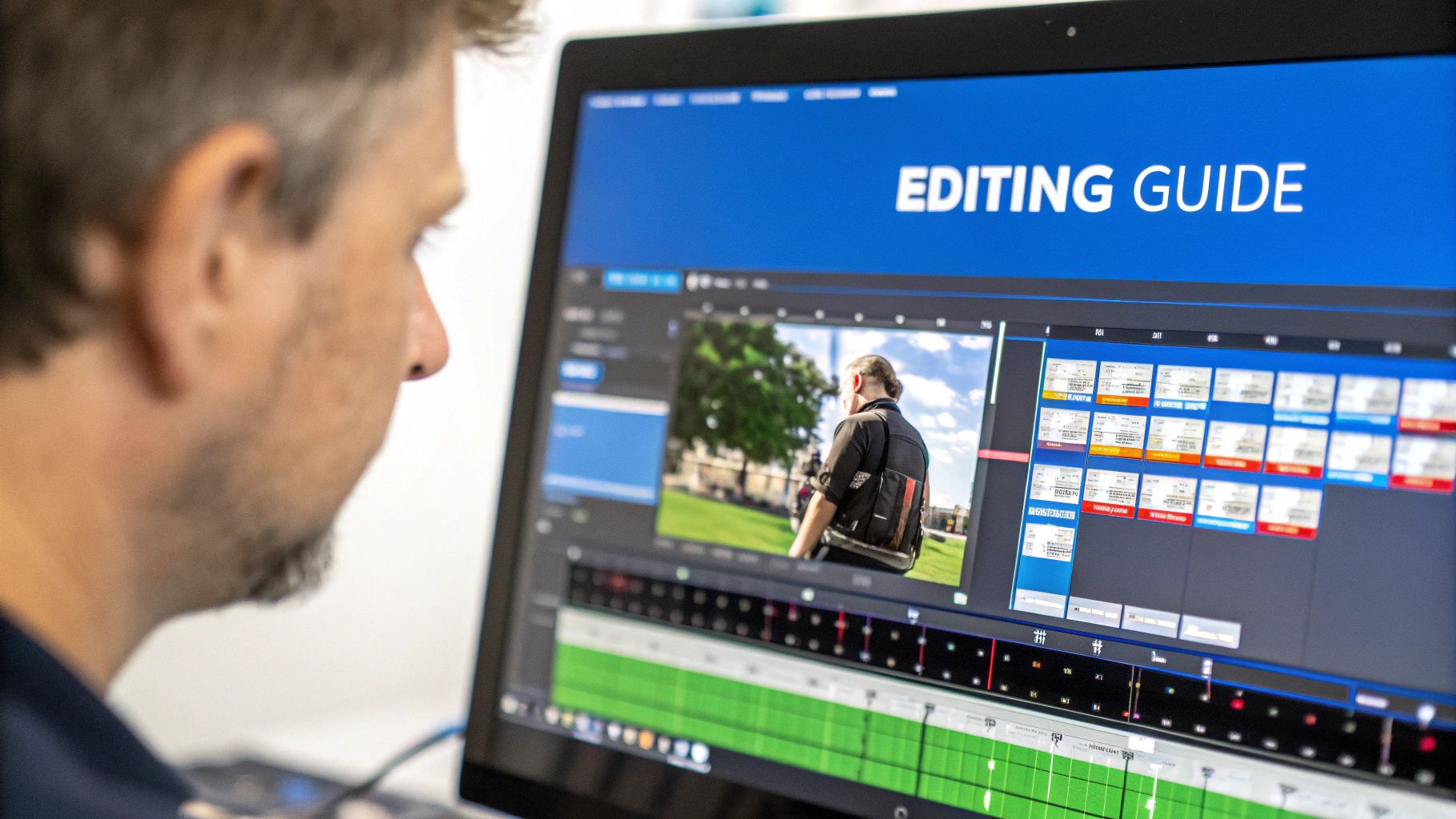 A video editor working on colour correcting footage to match a new background