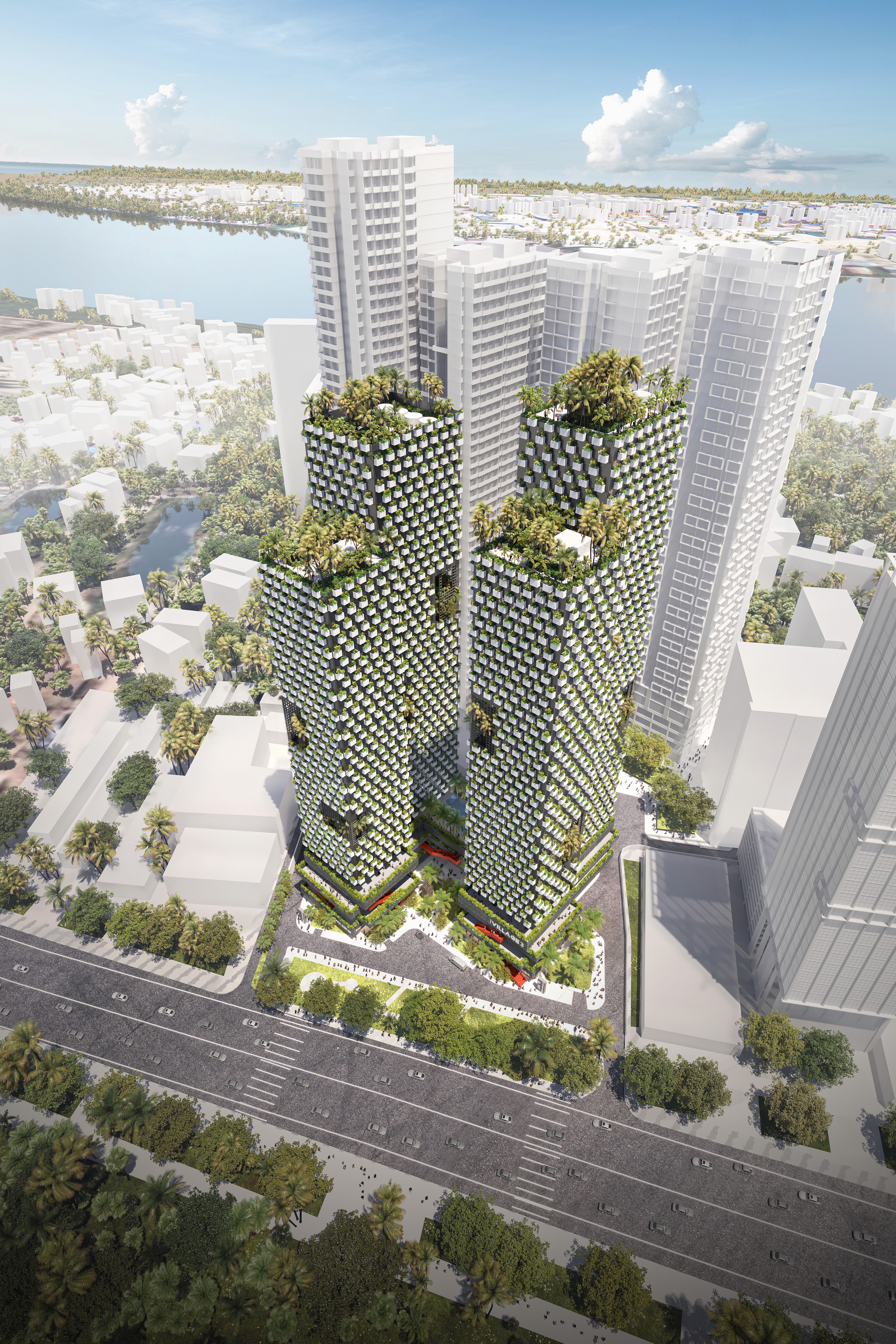 Aerial 3D render of a modern biophilic skyscraper featuring vertical gardens and rooftop greenery integrated into a white lattice facade within a city waterfront district.