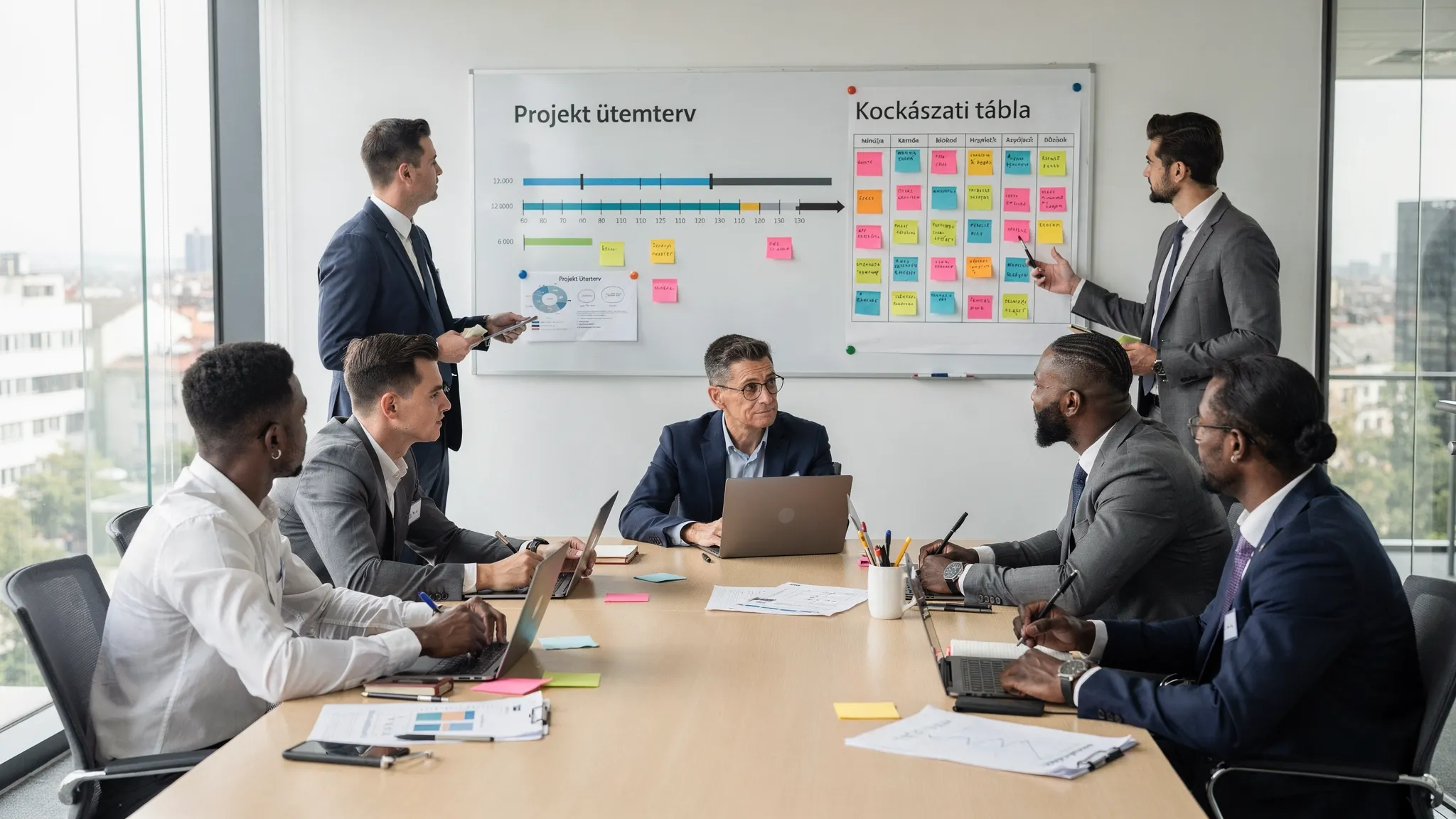 Egy projektcsapat megbeszélésen, falon egyszerű ütemterv és kockázati tábla. Az asztalon jegyzetek, laptopok, a jelenet a döntéshozatal és governance fontosságát hangsúlyozza.