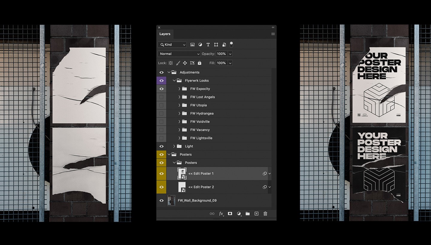 Urban poster wall mockup Photoshop layers showing smart object poster editing