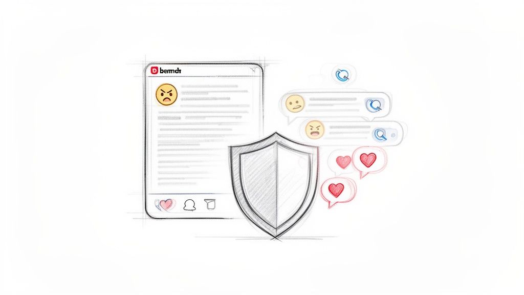 A sketch of a social media app with angry emojis, a shield, and diverse online interactions.