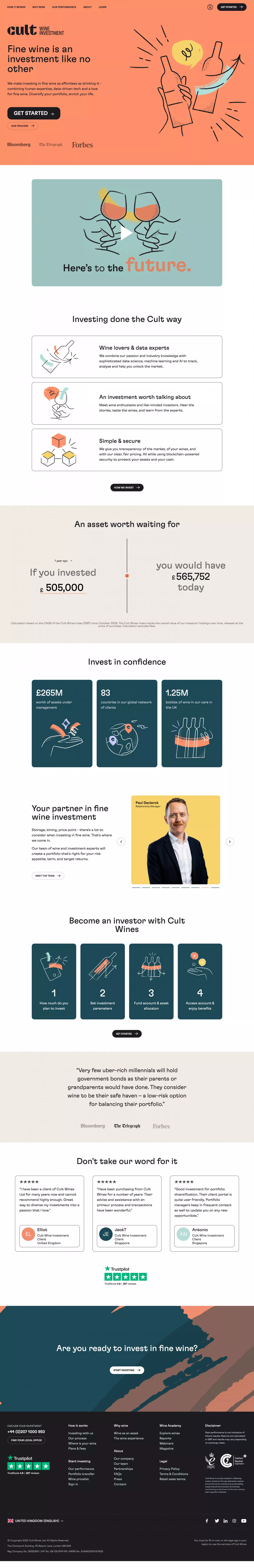 Wine Investment.com landing page screenshot showcasing Tech and Food & Drinks design