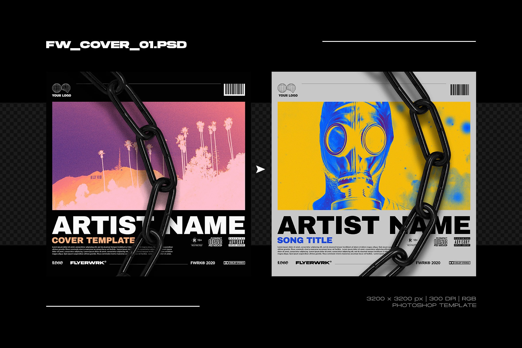 Cover design templates volume one showing a gas mask graphic and pink palm tree sunset