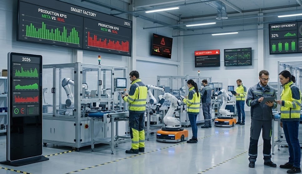 Interior de uma fábrica inteligente (Smart Factory) futurista em 2026. Trabalhadores com tablets supervisionam linhas de montagem robóticas e robôs móveis autónomos, rodeados por grandes painéis digitais que exibem dados de produção, KPIs e alertas de segurança em tempo real.