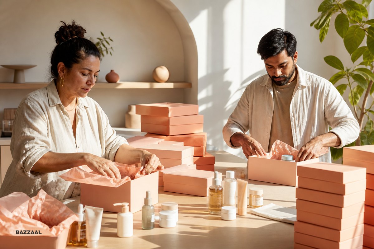 Two team members packing PR boxes together at a long table stacked with pastel cartons