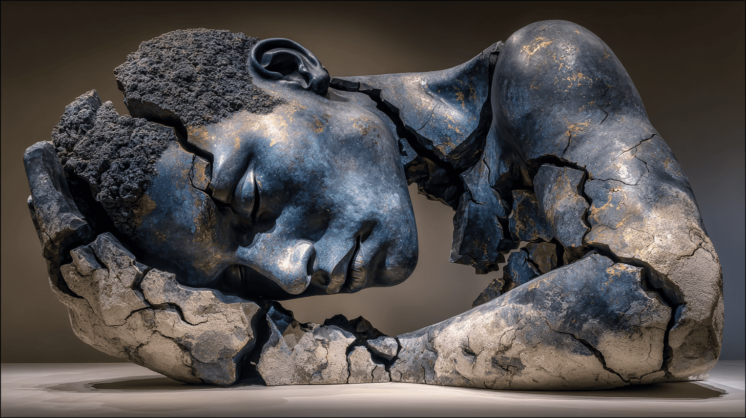 A head held inside the cracked crust