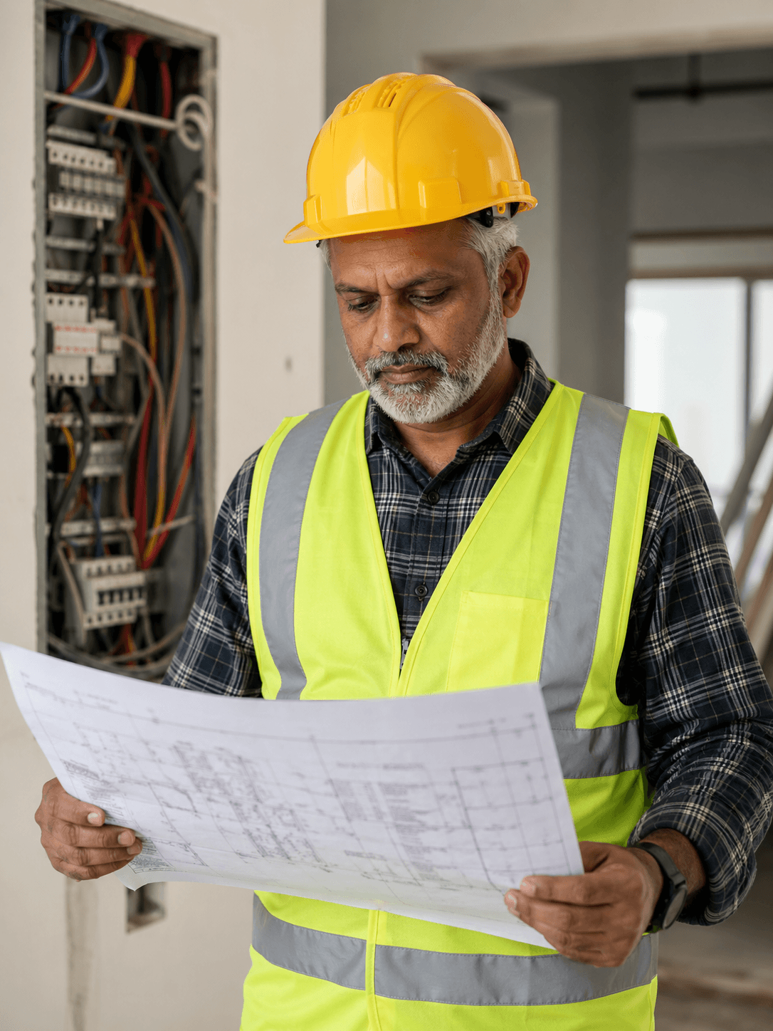 An electrician wearing a yellow hard hat