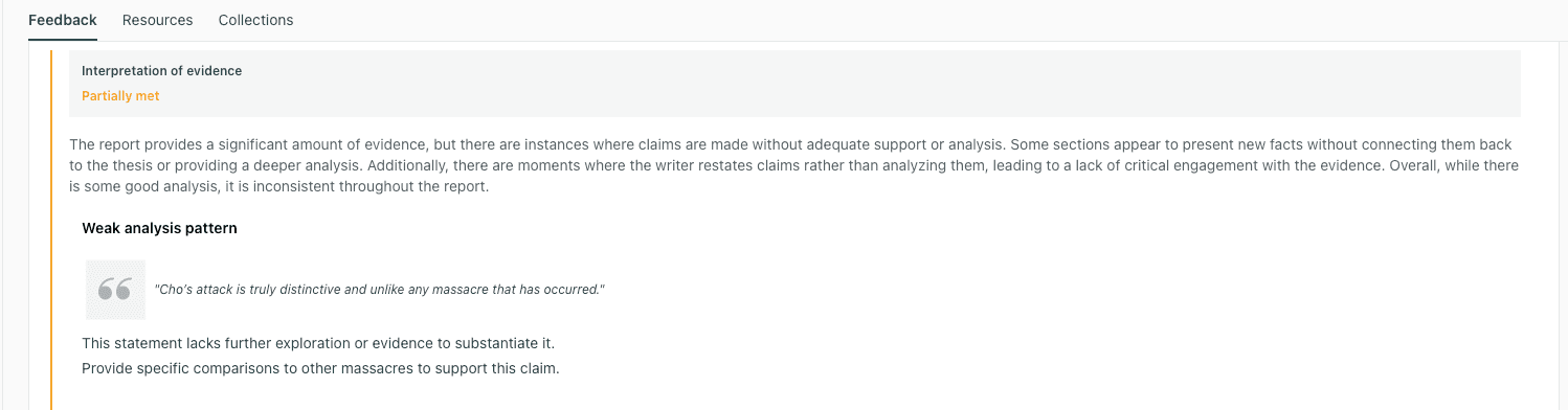 thesify feedback identifying a weak analysis pattern where an academic sentence makes a comparative claim without explaining the criteria for comparison