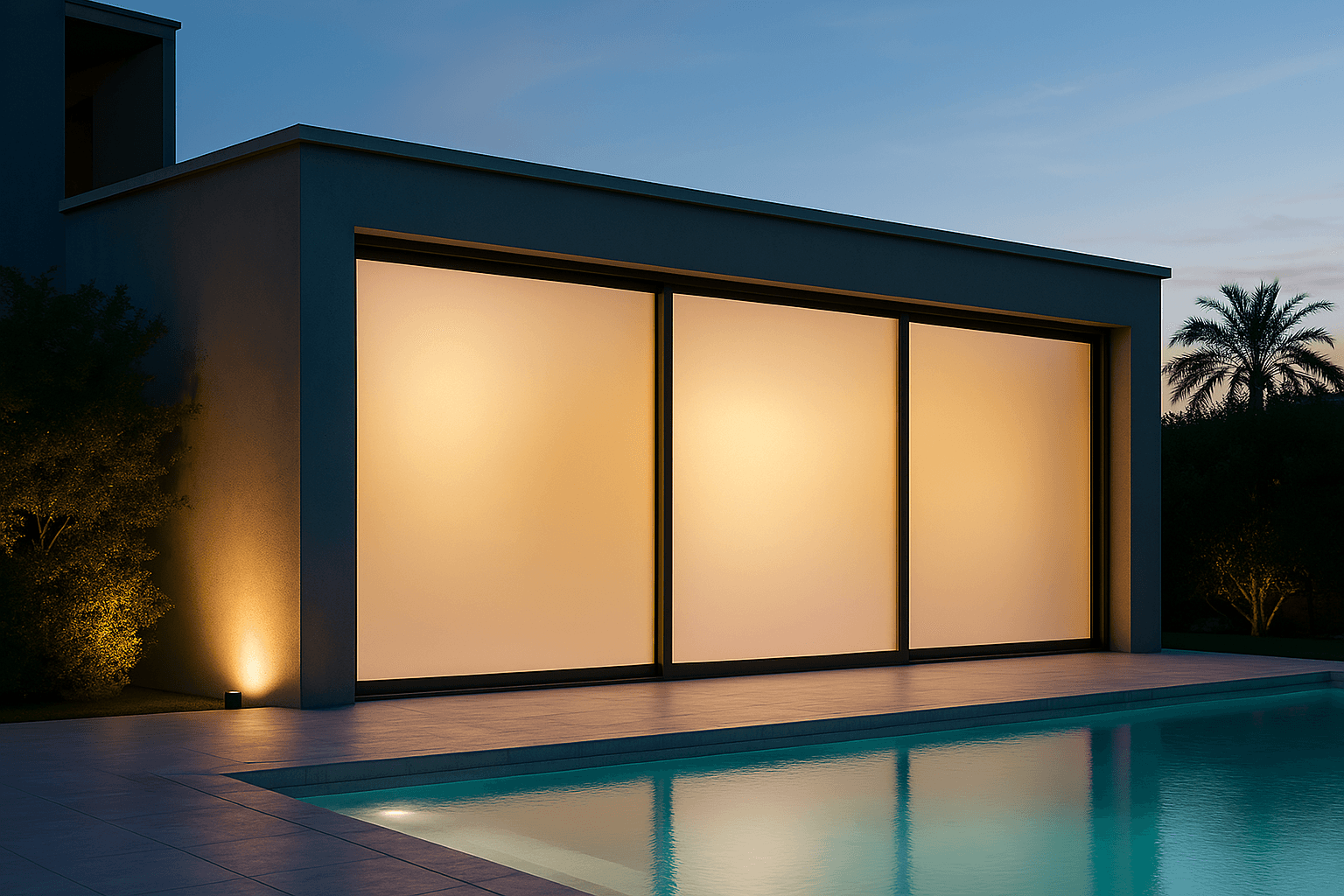 Moradia moderna com janelas de película inteligente em modo opaco para privacidade noturna junto à piscina.