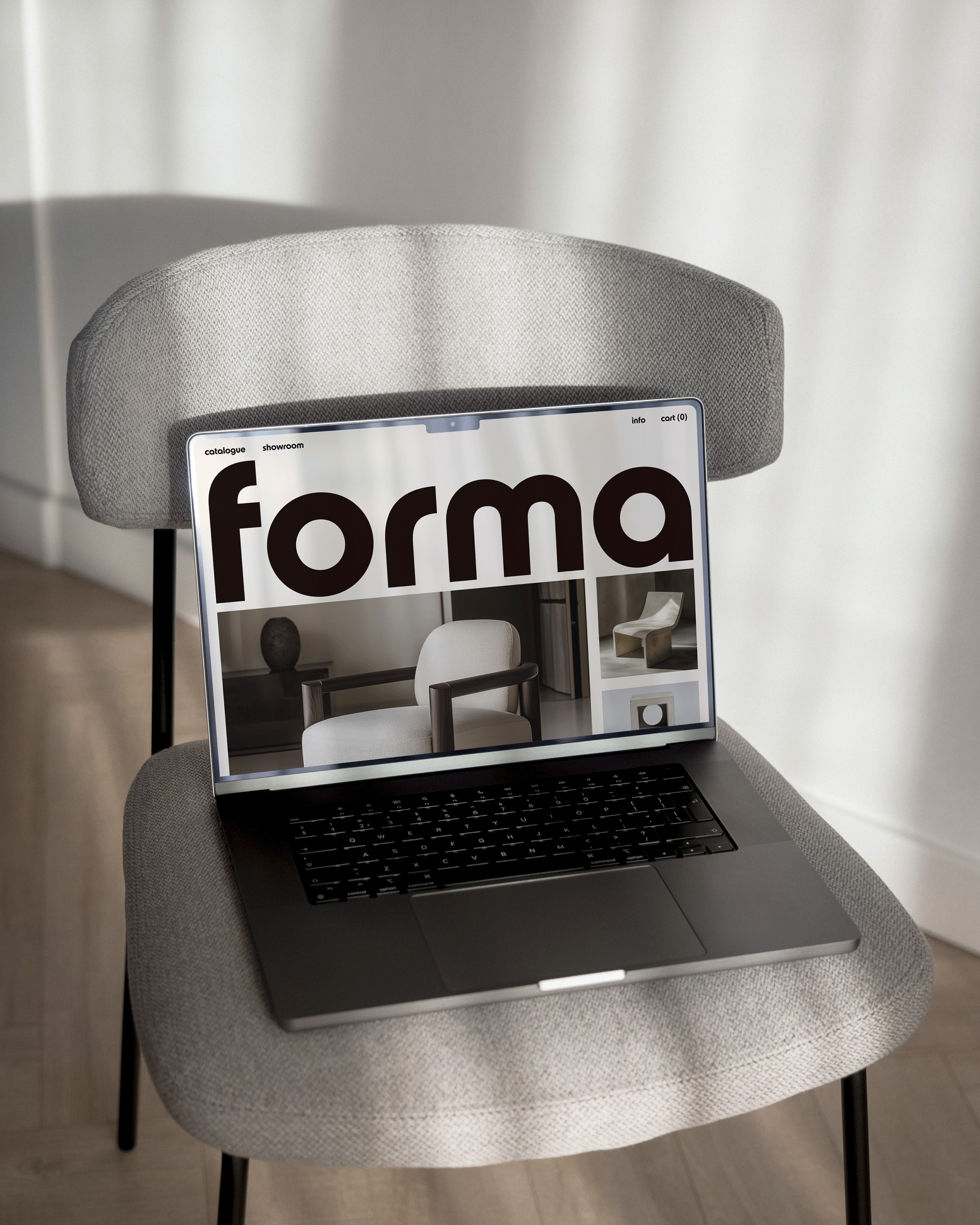 A modern laptop sits on a minimalist gray chair, displaying a website with bold typography reading "forma," showcasing an elegant editorial design layout in a sunlit interior space, reflecting the essence of contemporary brand identity systems and visual identity design for creative entrepreneurs.