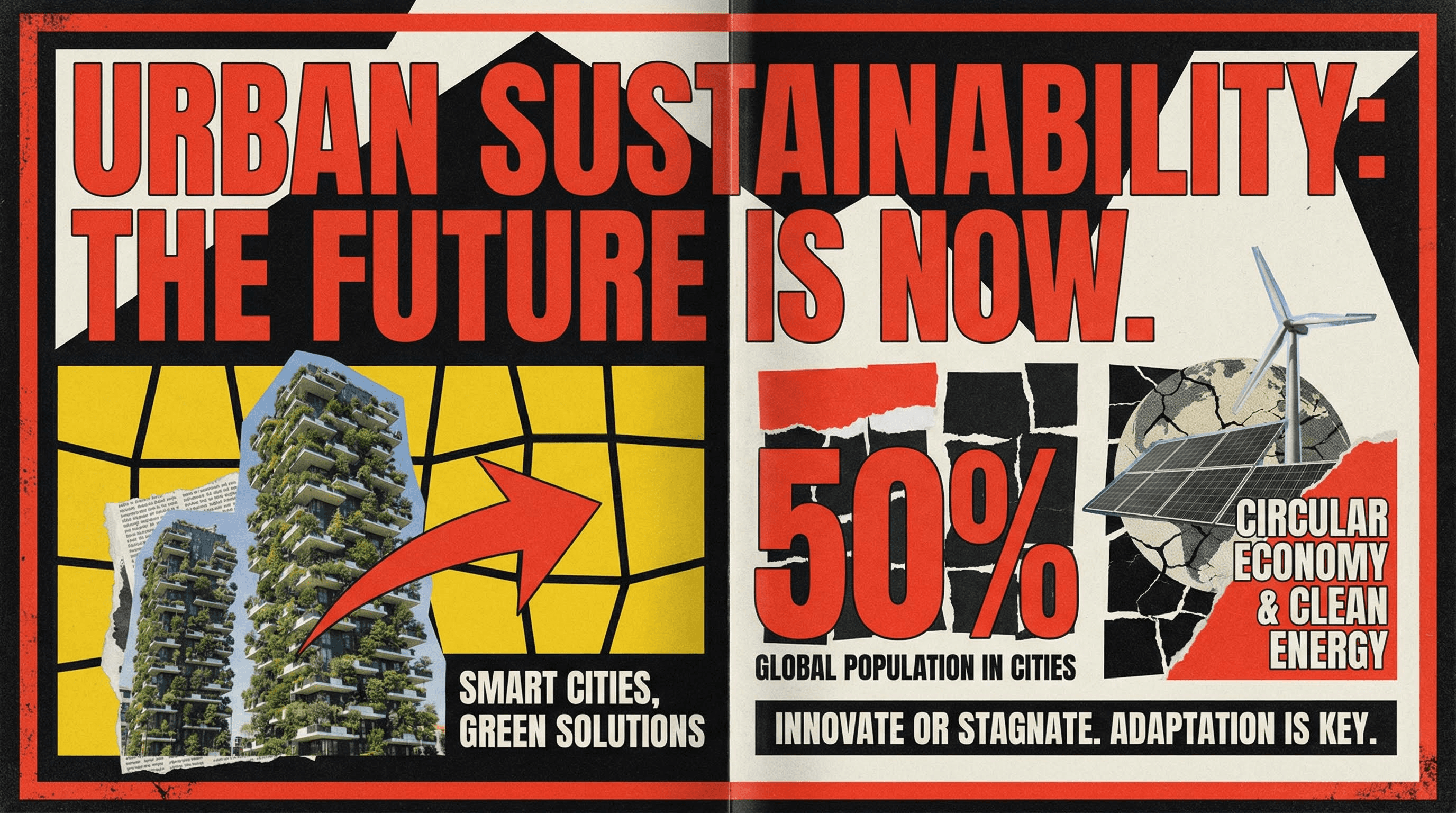 Bold editorial magazine-style infographic featuring massive typography, high-contrast color blocks, and collage art elements.