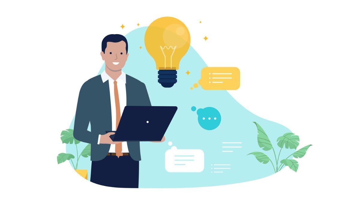 Illustration of a professional holding a laptop with a glowing light bulb above, surrounded by speech bubbles, symbolizing career coaching and guidance.