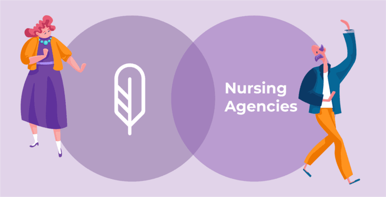 Illustration representing nursing agencies with two characters and overlapping circles.
