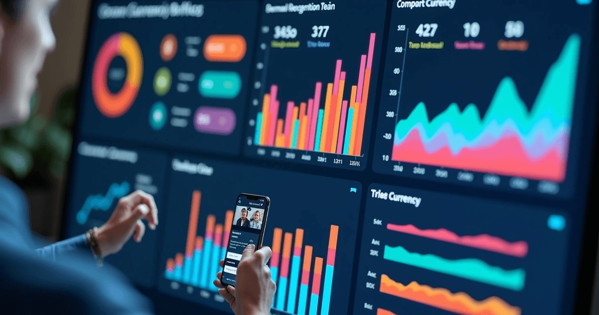 Dashboard digital mostrando gráficos de reconhecimento por equipe e moedas virtuais