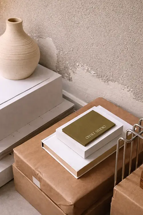 interior design books and objects stacked neatly