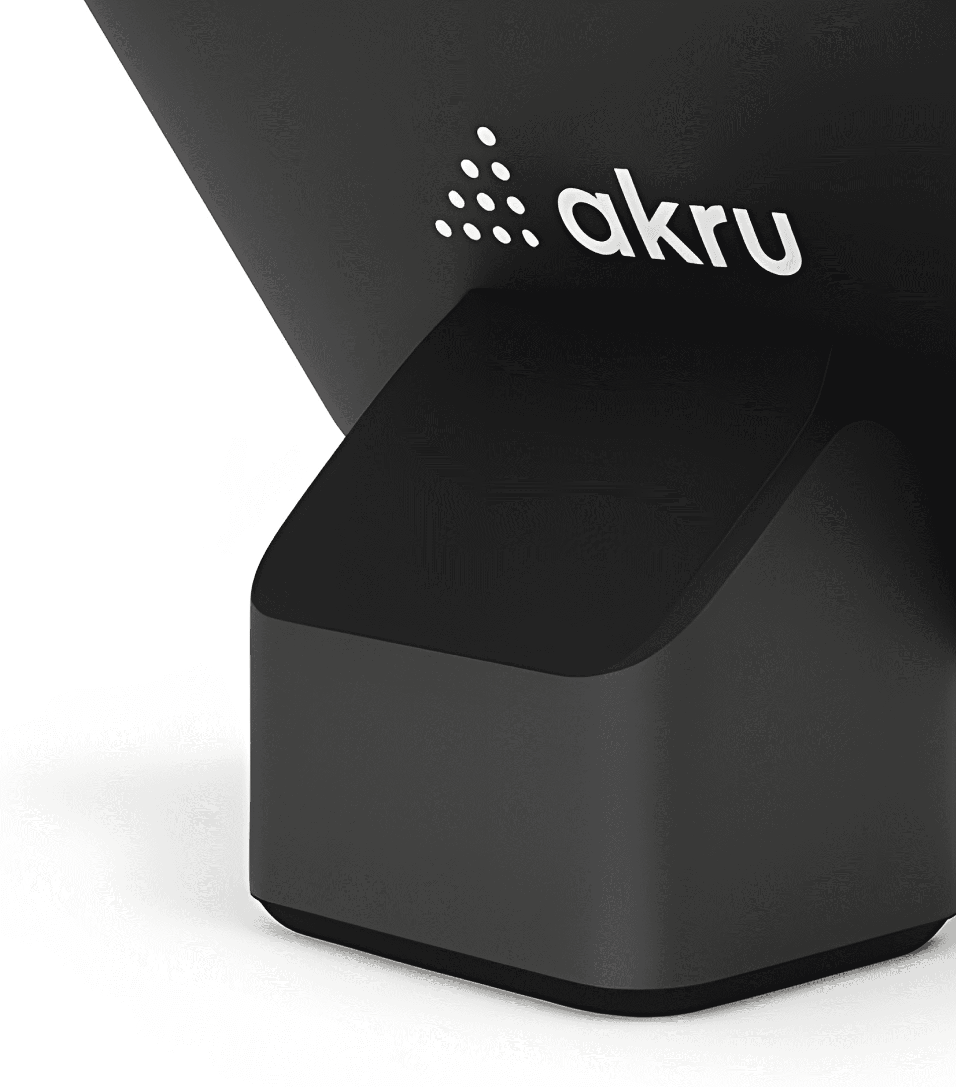 Close-up of tablet till hardware featuring Akru logo on sleek black casing