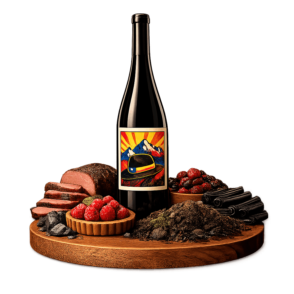 Artistic label and flavor profile for Chilean Carignan on a rustic wooden table.