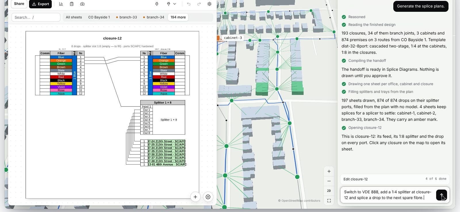 Lux splice sheet for closure-12 in a sample design: a 12-fiber cable in, a 1:8 splitter, and eight drops to named addresses, generated from the approved design.
