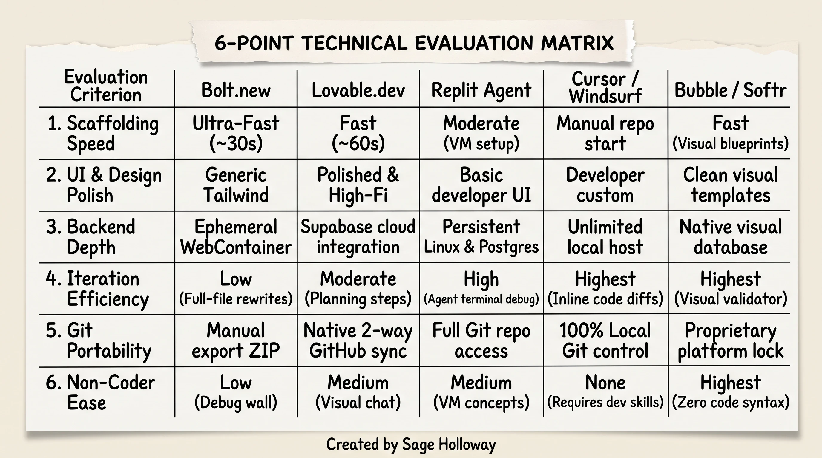 Evaluation table comparing Bolt.new against Lovable Replit Agent Cursor and Bubble across six technical criteria
