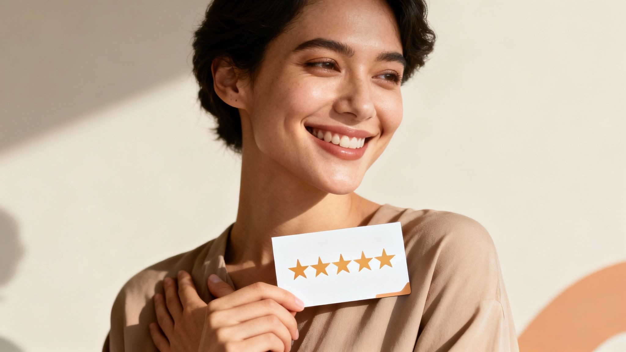 A smiling woman holds a card with five golden stars, symbolizing excellent customer feedback.