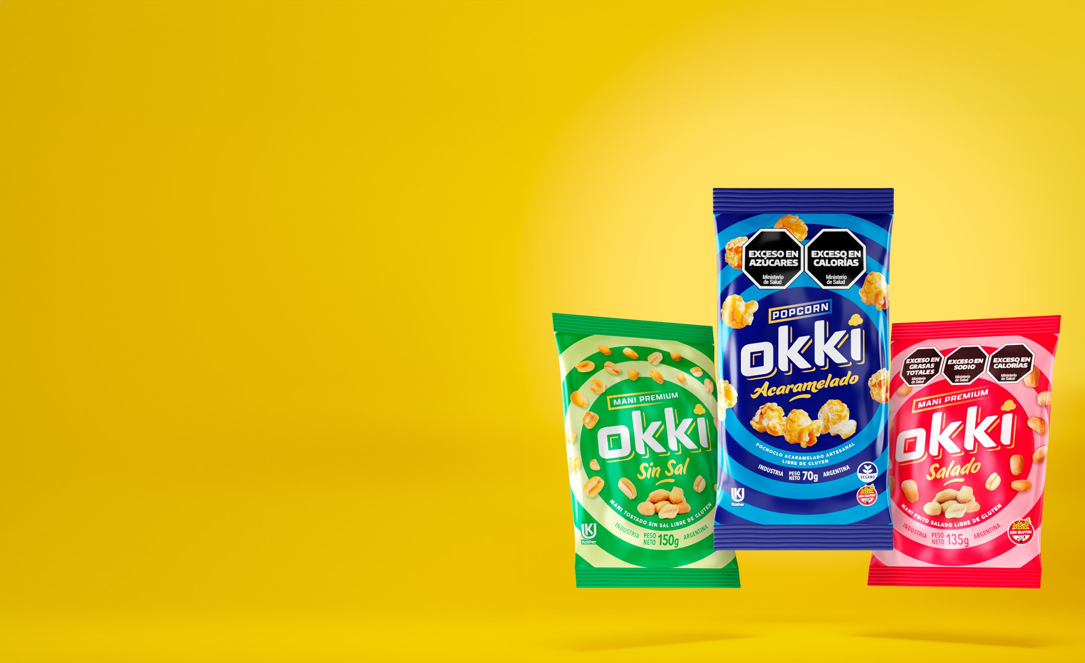 Three colorful bags of snacks arranged in front of a bright yellow background.